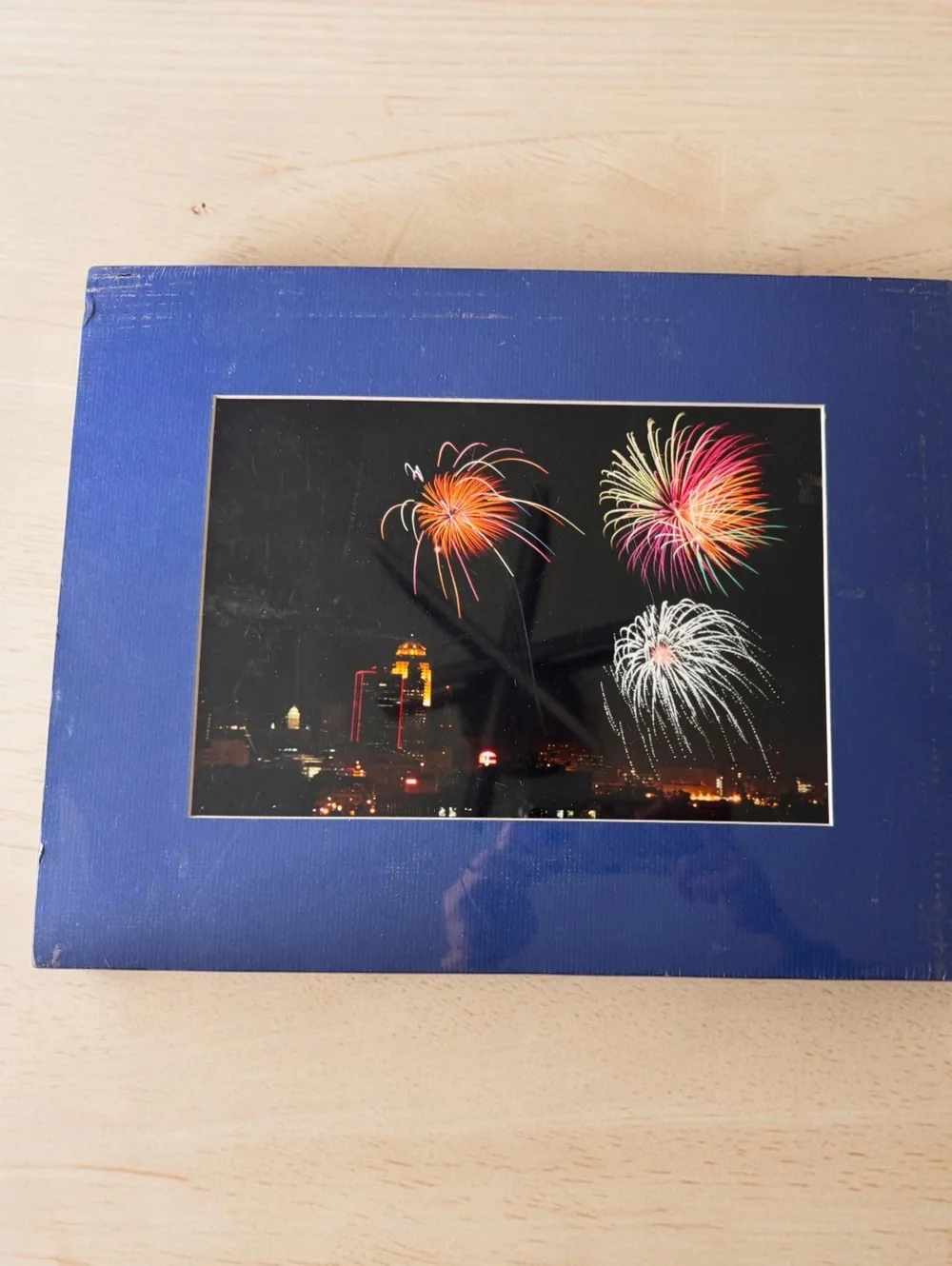Fireworks Over City Skyline Matted Photograph Blue Mat 10x12 Wall Art